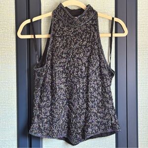 Vintage Papell Boutique Black Silk Fully Beaded High Neck Formal Top, Size S